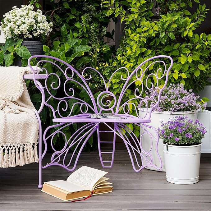 49 Inch Outdoor Bench, Purple Garden Bench with Metal Frame, Weatherproof Butterfly Front Porch Benches for Lawn, Garden, Yard, Balcony