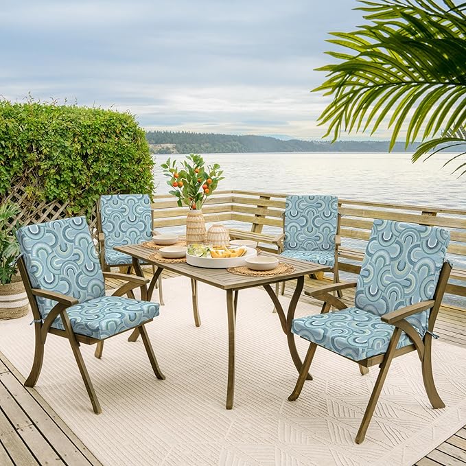 Arden 4-Pack Outdoor Patio Dining Chair Cushion, 20x44, Rain-Proof Seat Pad, Fade-Resistant Outdoor Cushion Coastal Blue Geometric