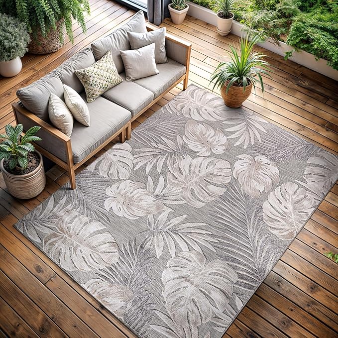 CAMILSON Indoor Outdoor Rug, Beige 10’x14’ Leaf Tropical Botanical Area Rugs for Indoor and Outdoor patios, Easy-Cleaning Non-Shedding Living Room, Garden and Kitchen Washable Outside Carpet (10x14)