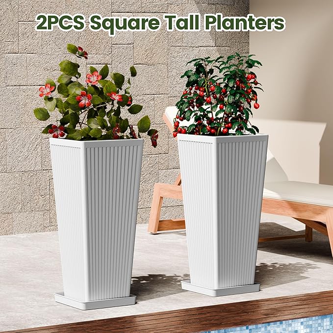Tapered Tall Planters for Outdoor Plants 2 Pack- 23.6 Inch Square Indoor Flower Pots with Drainage Holes and Partition/Tray Saucers, Large Outdoor Planters for Porch Patio Garden, White