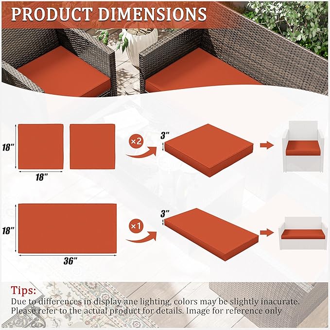 3 Pack Outdoor Replacement Cushions,36L x 18W x 3H,18L x 18W x 3H inch, High-Elastic Replacement Sponge for 4-Seater Water-Resistant Patio/Sofa with Removable Covers (Orange)