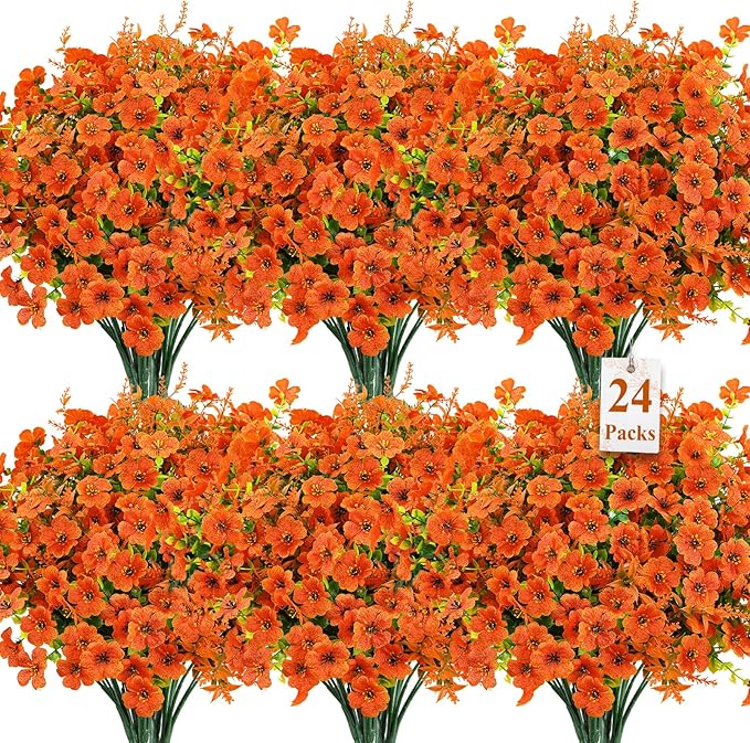 SHareconn 24 Bundles Artificial Flowers for Outdoors Decoration, Faux Plants Fake Silk Colorful Daisy Eucalyptus Lavender, UV Resistant for Outside Home Porch Patio Indoor Spring Decor, Orange