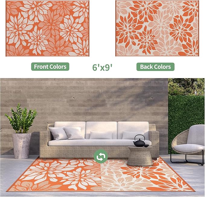GENIMO Outdoor Rug Waterproof for Patio Decor, 6' x 9' Reversible Plastic Straw Floral Camping Carpet, Large Area Rugs Mats for RV, Camper, Deck, Balcony, Porch, Beach, Picnic, Orange & Beige