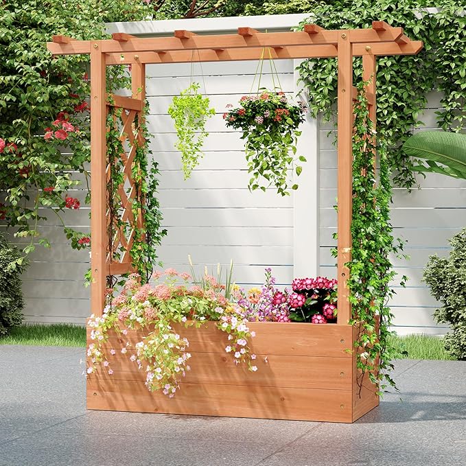 HAPPYGRILL Raised Garden Bed with Trellis, Wooden Elevated Planter Box w/Hanging Roof, Drainage Holes & Removable Bottom Panels for Climbing Vine Flower, Indoor Outdoor Wood Planter for Yard Patio