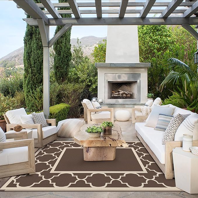 GENIMO 5' x 8' Outdoor Rug Waterproof for Patio Decor, Foldable Reversible Plastic Straw Area Rugs Mat for Camper, Outside Carpet for Rv, Deck, Porch, Picnic, Beach, Balcony, Coffee & Beige
