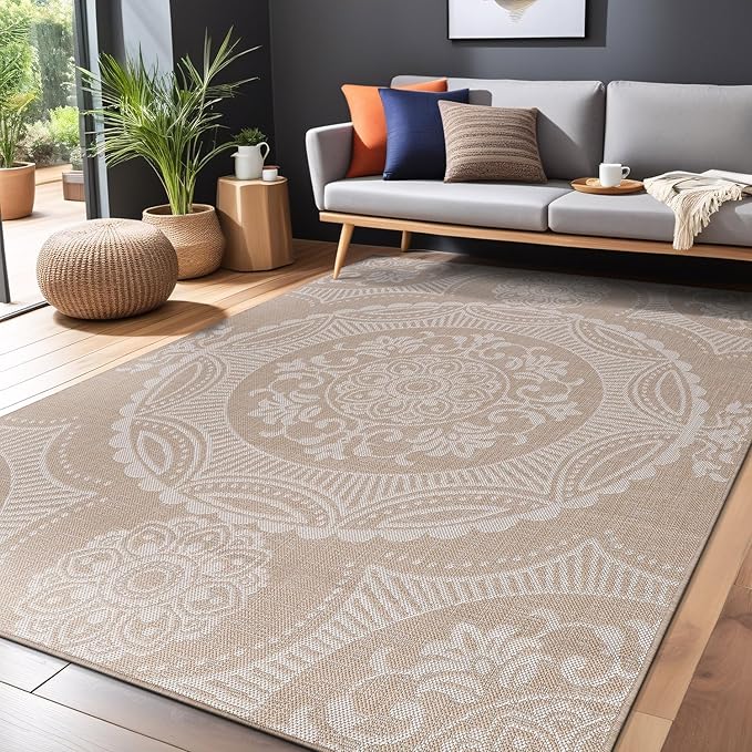 Medallion Outdoor Rug 9x12 Washable Outside Carpet for Indoor Patio Porch Waterproof Easy Cleaning Non Shedding Area Rugs Beige 9 x 12