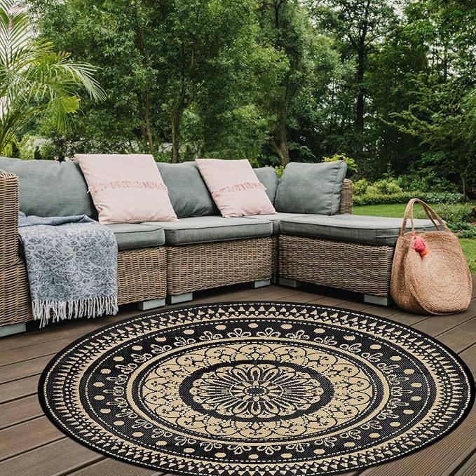 Cekene Round Outdoor Rugs Waterproof 6Ft Reversible Outdoor Patio Rugs Portable RV Camping Mats Lightweight Plastic Straw Rugs Outdoor Area Rug for Patio Picnic Beach BBQ, Black/Camel