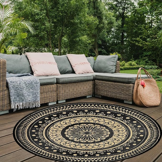 Cekene Round Outdoor Rugs Waterproof 6Ft Reversible Outdoor Patio Rugs Portable RV Camping Mats Lightweight Plastic Straw Rugs Outdoor Area Rug for Patio Picnic Beach BBQ, Black/Camel