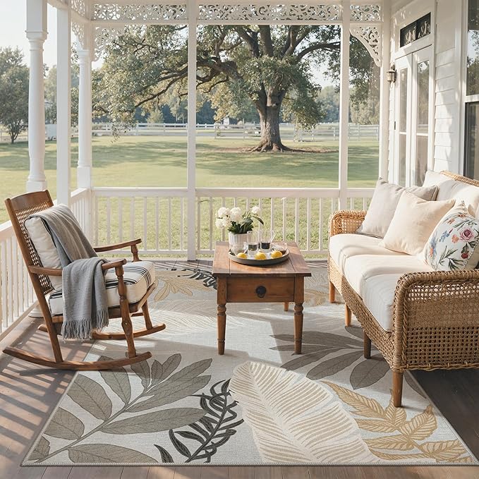 GENIMO Outdoor & Indoor Area Rug 5'x8', Waterproof, Non-Shedding, Easy Cleaning, Leaf Mat for Patio, Living Room, Balcony, Dining Room, RV, Deck, Bedroom, Camping, Outside Carpet, Sand Grey
