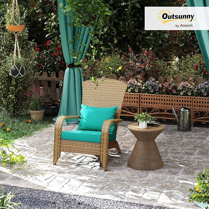 Outsunny Patio Wicker Adirondack Chair, Outdoor All-Weather Rattan Fire Pit Chair with Soft Cushions, Tall Curved Backrest and Comfortable Armrests for Deck or Garden, Sky Blue