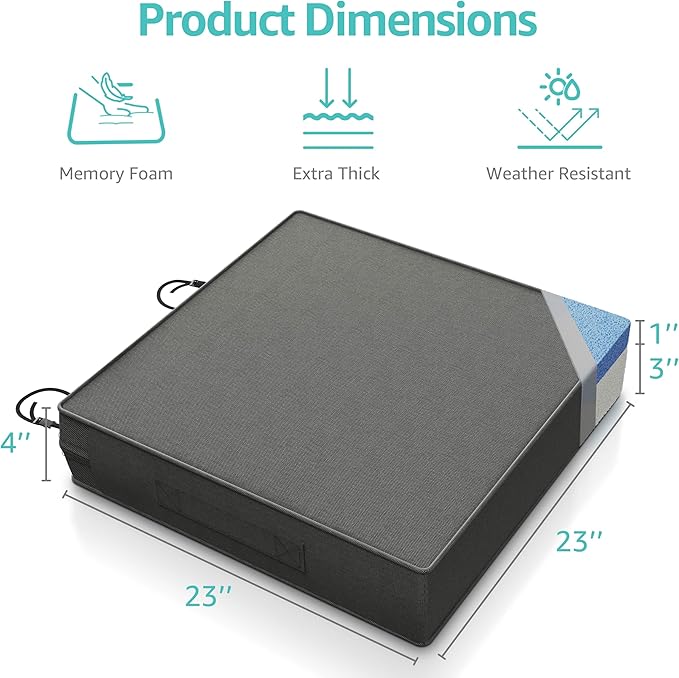 YENING 23x23 Memory Foam Outdoor Chair Cushions Waterproof 4 Inch Extra Thick Patio Seat Pads for Furniture Grey Set of 2
