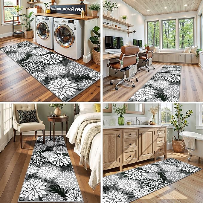 2x6 Washable Runner Rug for Hallway Tropical Botanical Modern Floral Chenille Kitchen Rugs Low Pile Non Slip Carpet for Patio, Bedroom, Laundry, Black
