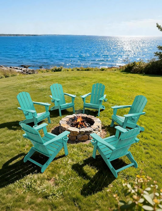 Folding Adirondack Chair Set of 6, Wooden Textured Plastic Adirondack Chairs with 2 Cup Holder, Weather Resistant HDPE Fire Pit Chair, Outdoor Patio Chairs for Garden, Backyard, Lawn, Deck, Lake Blue