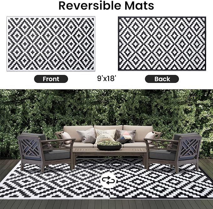 Smiry Waterproof Outdoor Rug 9X18 ft, Reversible Plastic Straw Patio Camping Rugs, Outdoor Indoor RV Mat Carpet for Patio, Outside Entry, Backyard, Deck, Bench, Picnic, Camper, Black & White
