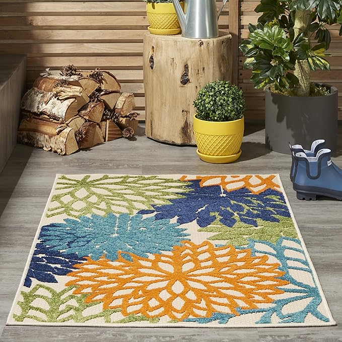 Nourison Home Aloha Indoor/Outdoor Multicolor 2'8" x 4' Area Rug, Tropical, Botanical, Easy Clean, Non Shedding, Bed Room, Living Room, Dining Room, Deck, Backyard, Patio (3x4)