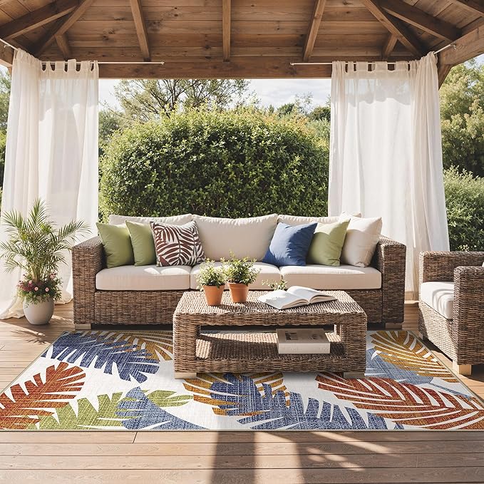 GENIMO Outdoor & Indoor Area Rug 6'x9', Waterproof, Non-Shedding, Easy Cleaning, Leaf Mat for Patio, Living Room, Balcony, Dining Room, RV, Deck, Bedroom, Camping, Outside Carpet, Tropical Rust