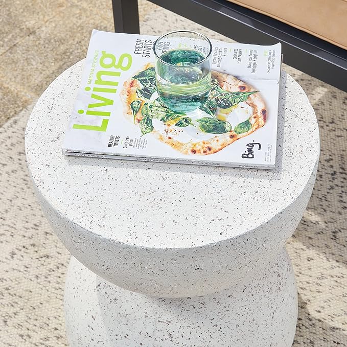 Glitzhome Outdoor Side Table, Round Accent End Table, Lightweight Hourglass Faux Terrazzo Decorative Garden Stool, 17.75" H White Planter Stand for Patio Porch Balcony Living Room