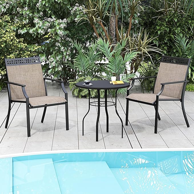 Giantex Patio Chairs Set of 2, Outdoor Chairs with All Weather Fabric, High Backrest, Armrests, Heavy Duty Metal Armchair, Outside Dining Chairs for Porch Lawn Garden Yard Pool (Light Brown & Black)