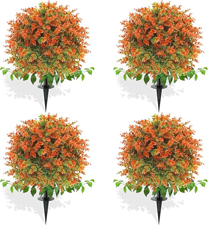 28" Artificial Fall Flower Bushes with Ground Stakes – Artificial Topiary Tree with Eucalyptus Orange Faux Floral Plants with Autumn Leaves for Outdoor Thanksgiving, Garden, Pathway, Porch Décor