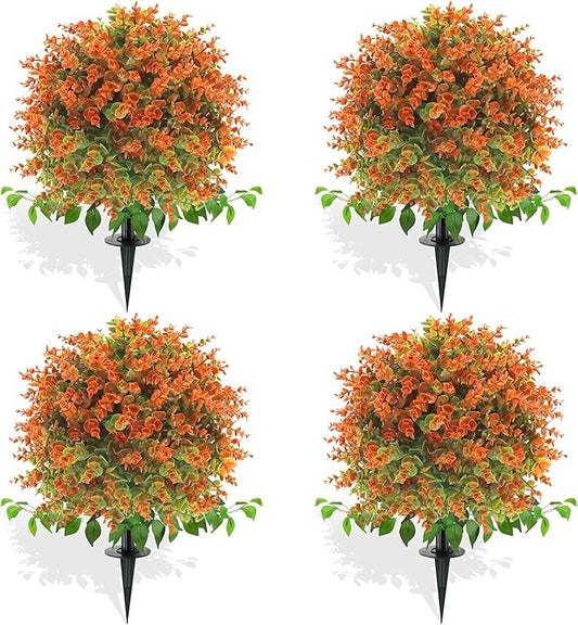 28" Artificial Fall Flower Bushes with Ground Stakes – Artificial Topiary Tree with Eucalyptus Orange Faux Floral Plants with Autumn Leaves for Outdoor Thanksgiving, Garden, Pathway, Porch Décor