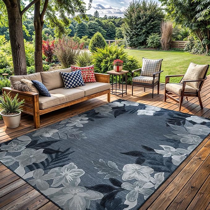 Outdoor Rug 10x14 Washable Area Rugs Indoor Outdoor Carpets Navy Border Floral Non Shedding Waterproof Easy Clean Patio Deck Porch Living Room Bedroom Garden RV (10 X 14 Navy)