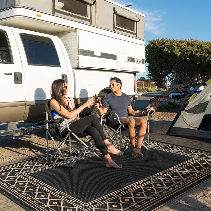 GENIMO Outdoor Rug Waterproof 8'x10' for Patio, Foldable Reversible Plastic Straw Carpet for Travel Trailers, Outside Area Mat for Rv, Deck, Picnic, Porch, Camper, Balcony, Beach, Black & Brown
