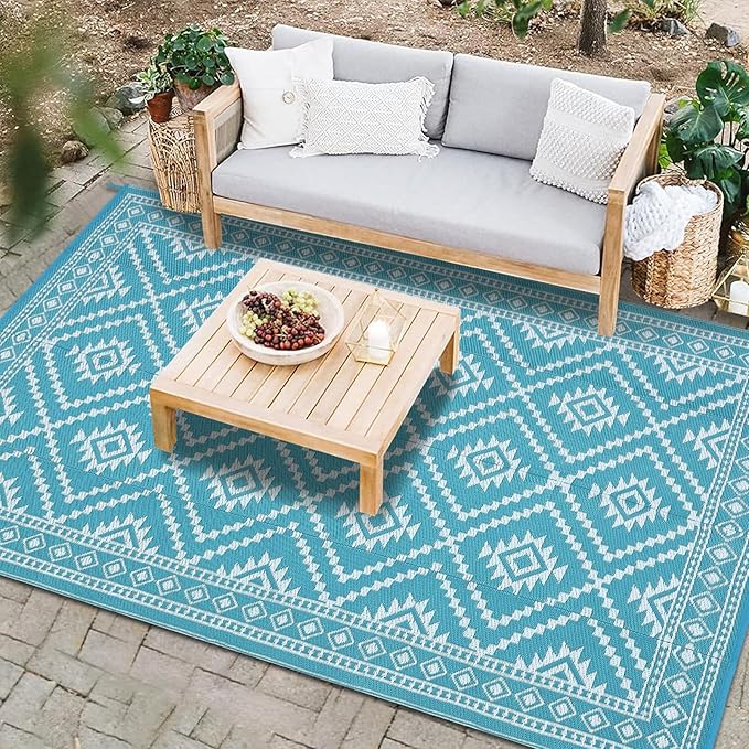 GAOMON Outdoor Waterproof Rug 9x12 Reversible Plastic Straw Rug Modern UV Resistant Carpet, Large Foldable Lightweight Floor Mat for Backyard, Camping, Bench, Picnic, Deck, Teal/White(Modern)