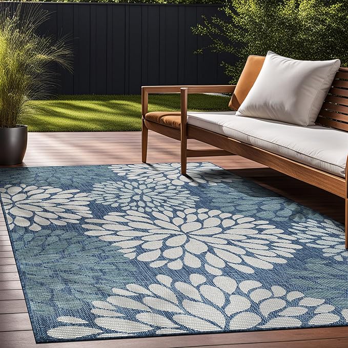Beverly Rug Outdoor Rug 5x7 Modern Exotic Tropical Leaf Area Rugs for Indoor and Outdoor Patio Deck Porch Garden Water Resistant Washable Outside Carpet (5 x 7 Blue)