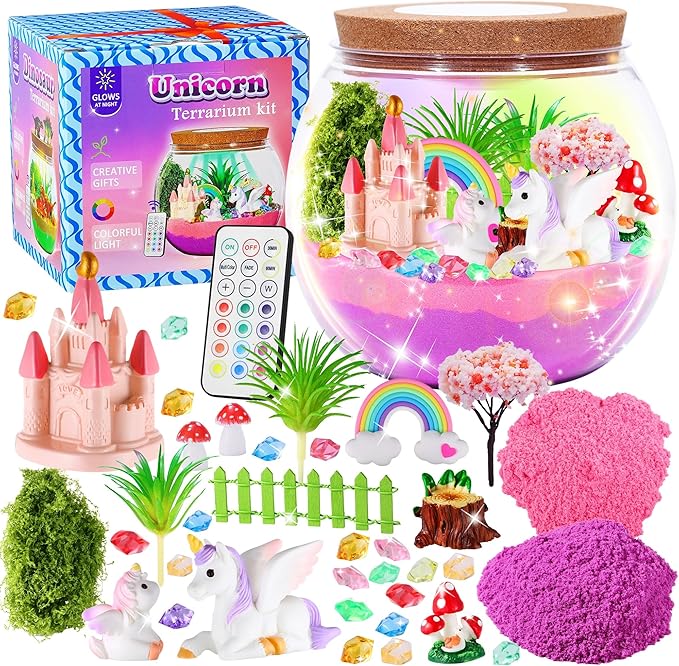 Gifmore Unicorn Light Up Terrarium Kit for Kids - LED Night Light Unicorn Birthday Gifts for Girls Ages 4 5 6 7 8-12, Unicorn Toys for Girls, Children's Arts and Crafts Kit