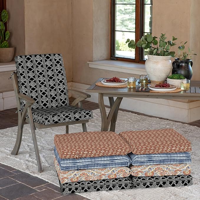Arden 2-Pack Outdoor Patio Dining Chair Cushion, 20x44, Rain-Proof Seat Pad, Fade-Resistant Outdoor Cushion Black Global Stripe