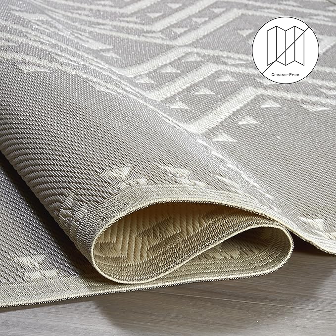 Fab Habitat Aztec Outdoor Rug - Waterproof, Fade Resistant, Crease-Free - Premium Recycled Plastic - Striped - Patio, Porch, Deck, Balcony - Ojai - Beige - 5 x 8 ft