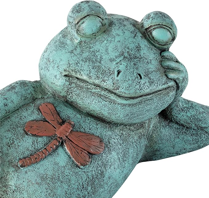 Alpine Corporation 7" Tall Indoor/Outdoor Sleeping Frog with Dragonfly Garden Statue Decoration