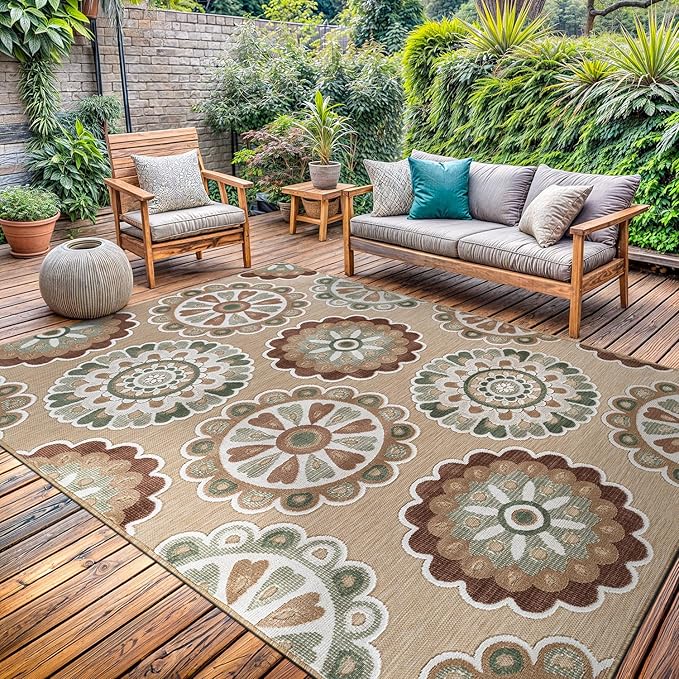 Outdoor Rug 5x7 Washable Area Rugs Indoor Outdoor Carpets Beige Bohemian Medallion Non Shedding Waterproof Easy Clean Patio Deck Porch Living Room Bedroom Garden RV (5 X 7 Beige)