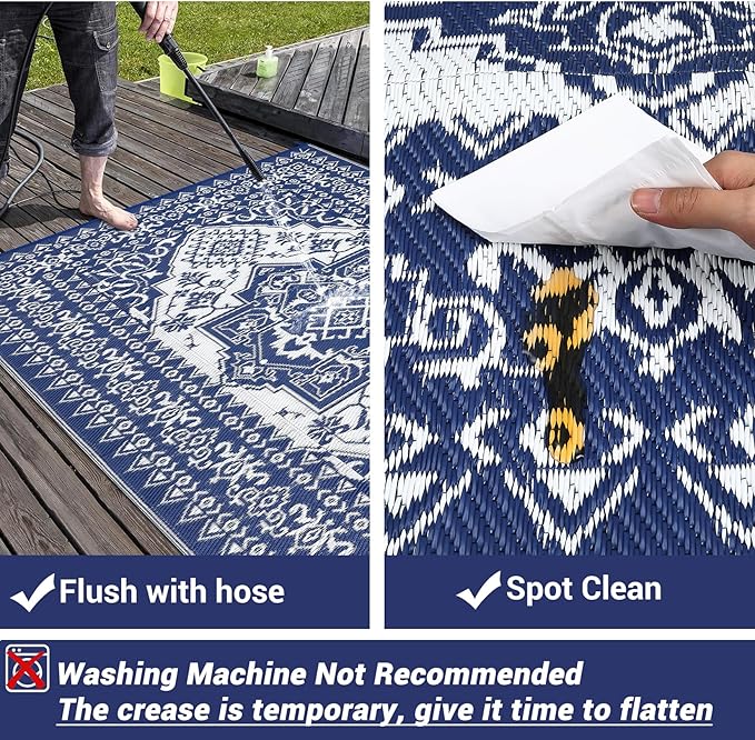 COZYLOOM 8x10 Outdoor Rug Waterproof Reversible Plastic Straw Mat, Large Dark Blue and White Vintage Medallion Patio Area Rug for Deck, Balcony, Camping, Beach, Picnic, Indoor/Outdoor Use