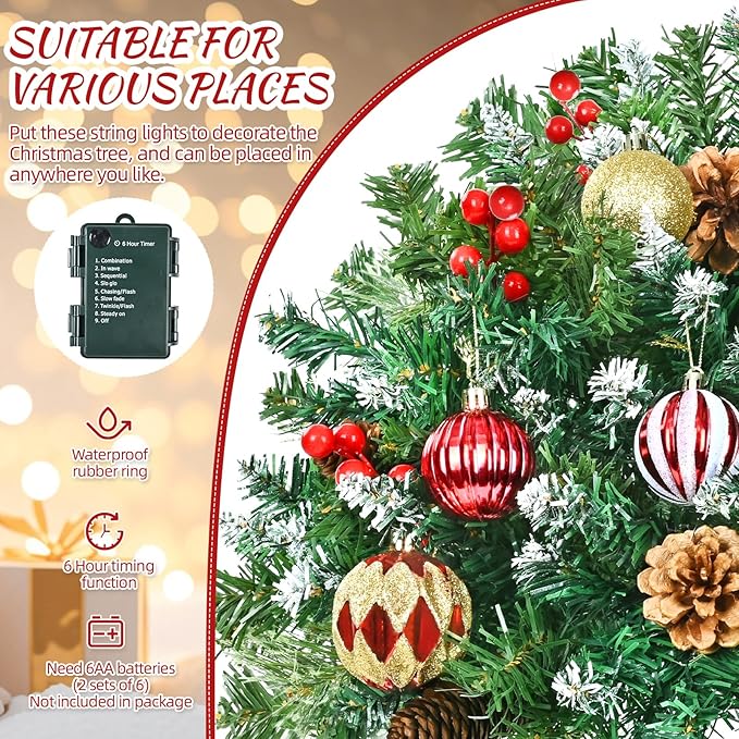 2 Pack 23" Outdoor Christmas Tree Urn Filler, Christmas Planter Filler with 50 LED Lights, Pine Cones, Christmas Balls & Red Berries, Tripod Stake for Outdoor Holiday Home Decorations