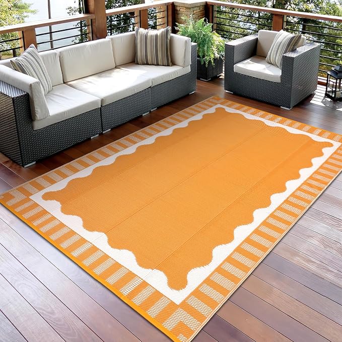 Waterproof Plastic Straw Outdoor Rug 9x18 Patio Reversible UV Resistant Foldable Camping Carpet Scalloped Border Large Outdoor Rugs for Deck, Picnic, Porch, Camper, Balcony, Beach，Orange