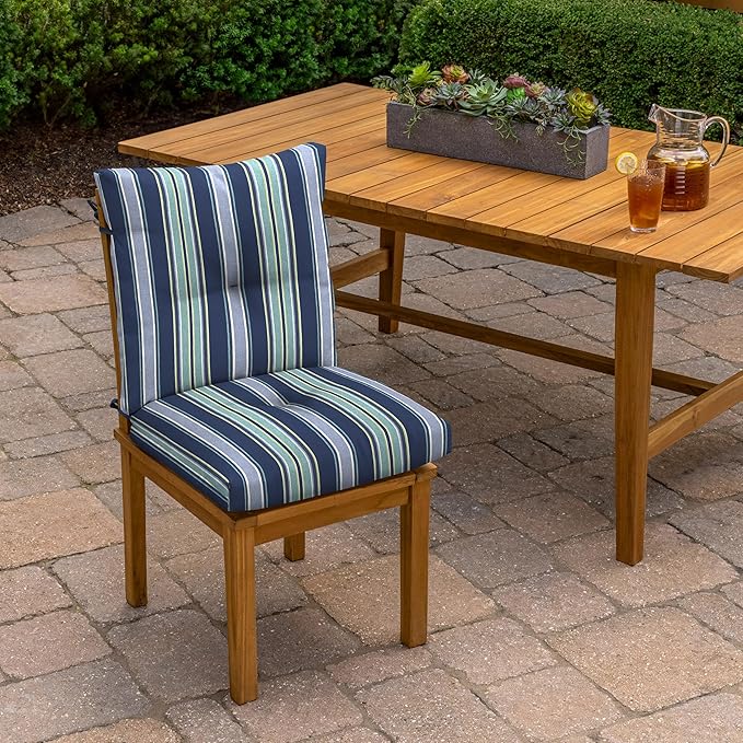 Arden Outdoor Plush Modern Tufted Blowfill Dining Chair Cushion, 21 x 40, Rain-Proof, Fade Resistant, Tufted Cushion for Dining and Bistro Chairs Sapphire Aurora Blue Stripe