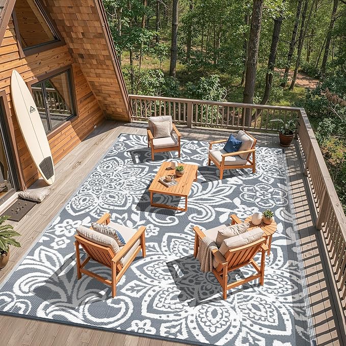 Findosom Waterproof Outdoor Rug 8' x 10' - Reversible Mandala Outdoor Plastic Straw Rug, Durable Foldable Patio Rug for RV, Deck, Balcony, Backyard, Picnic, Porch, Camping, Beach, Gray