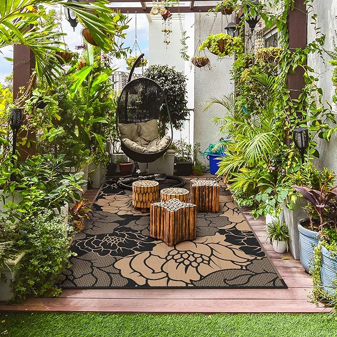 GENIMO Outdoor Rug Waterproof for Patio Decor, 5' x 8' Reversible Plastic Straw Floral Camping Carpet, Large Area Rugs Mats for RV, Camper, Deck, Balcony, Porch, Beach, Picnic, Mix-Black & Brown