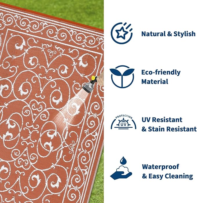 MilleLoomi Outdoor Rug 8x10 Waterproof Patio Rugs Vintage Reversible Mat for Front Door Rv Foldable Plastic Straw Carpet for Travel Trailers, Deck, Picnic, Porch, Camper, Balcony, Beach，Orange