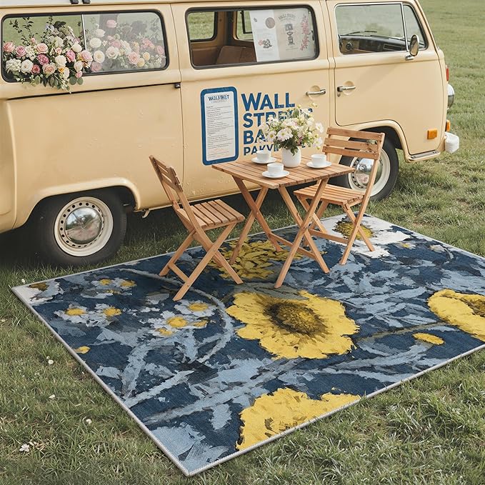 GENIMO Indoor Outdoor Area Rug 6'x9', Machine Washable Rugs for Patio, Waterproof, Non-Slip Easy Cleaning Floral Outdoor Mat Carpet for Living Room, Bedroom, RV, Balcony, Deck, Camping, Blue