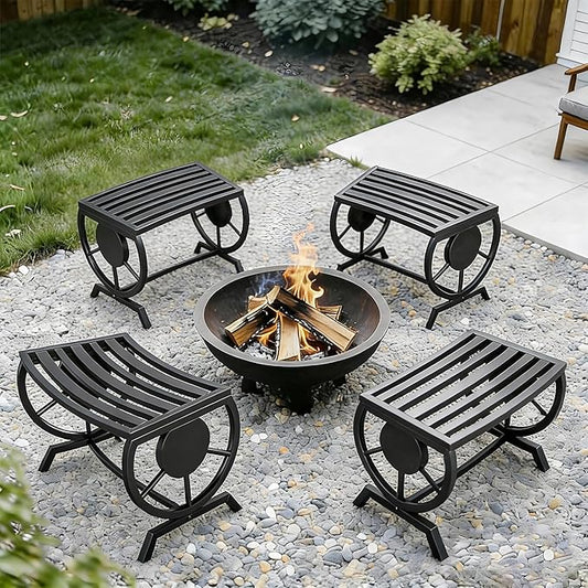 Outdoor Bench Patio Outdoor Garden Bench with Built-in Table, Wagon Wheel Arms, 3 People Outdoor Bench Garden Bench Front Porch Furniture (Black-22.83inch-4Pieces)