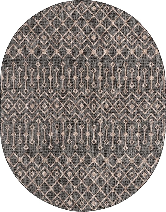 Unique Loom Outdoor Trellis Collection Area Rug - Tribal Trellis (7' 10" x 10' Oval, Charcoal Gray/ Natural)