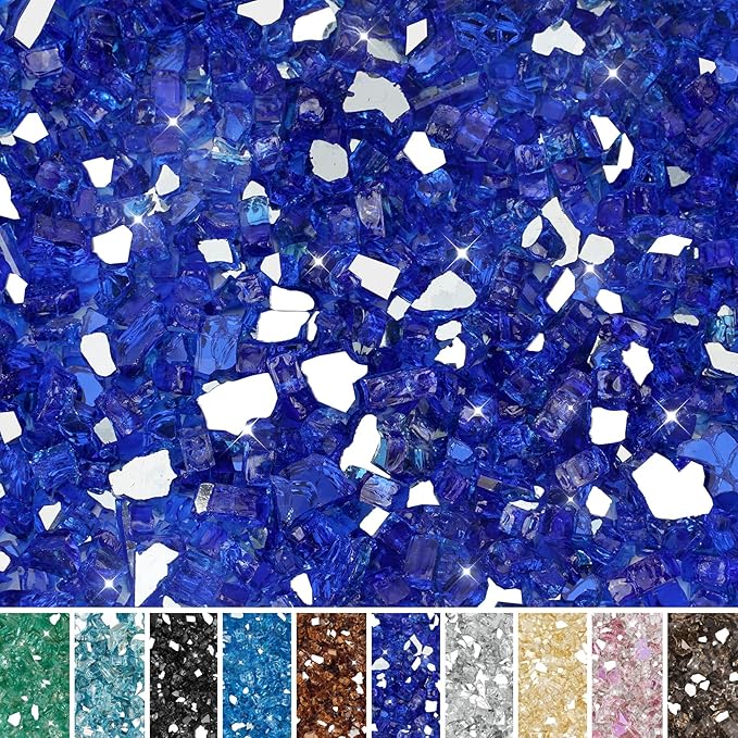 Skyflame High Luster 10-Pound Fire Glass for Fire Pit Fireplace Landscaping, 1/2-Inch Cobalt Blue Reflective