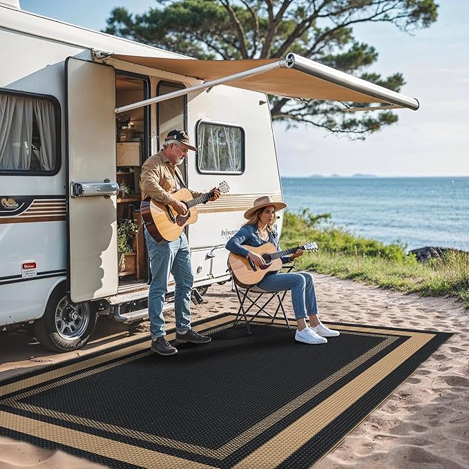 GENIMO 6' x 9' Outdoor Rug Waterproof for Patio Decor, Reversible Plastic Straw Area Rugs Mat for Camper, Outside Carpet for Rv, Deck, Porch, Picnic, Balcony, Mix-Black & Brown
