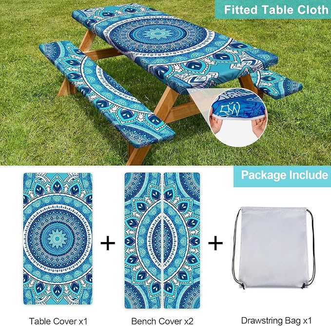 Picnic Table Cover with Bench Covers Camping Essentials Waterproof Windproof Camping Tablecloth with Drawstring Bag, Fitted Rectangle Tables and Seats, 96in, Air Superiority Blue