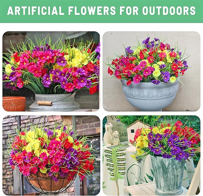 16PCS Artificial Fake Outdoor Flowers Plants, Faux Silk Realistic Morning Glory Floral Arrangement Planter UV Resistant for Porch Patio Window Box Balcony Garden Decor (Wheat Ears 4 Colors)