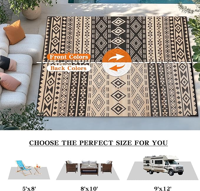 Wallona Outdoor Rugs 8x10 ft Patio Waterproof Clearance Indoor Outdoor Large Carpet for Patio Plastic Straw Reversible Area Rugs Mat for RV, Camping, Balcony, Beach, Picnic, Porch, Boho Black & Beige