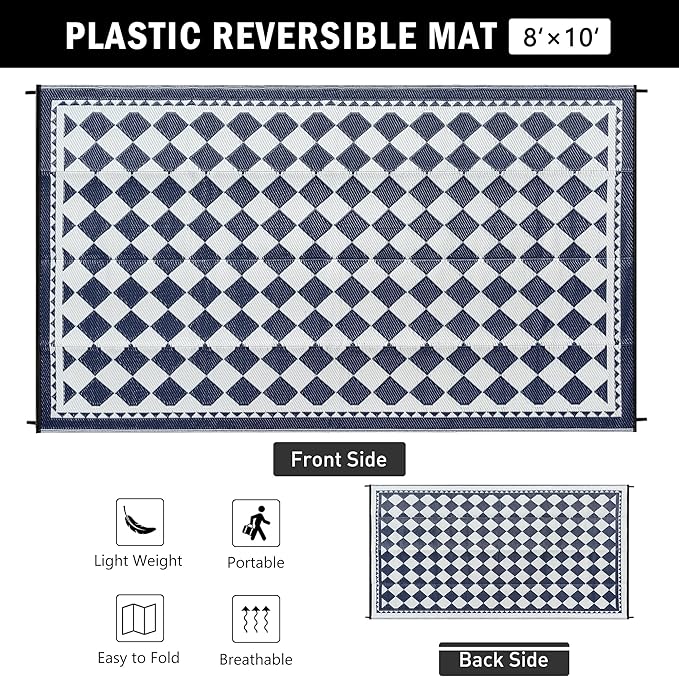 HUGEAR Outdoor Waterproof Rug 8'x10' Plastic Straw Rugs Washable Reversible Floor Mat Blue Plaid Carpet for Camping RV Deck Entryance Porch Picnic Balcony Beach Backyard