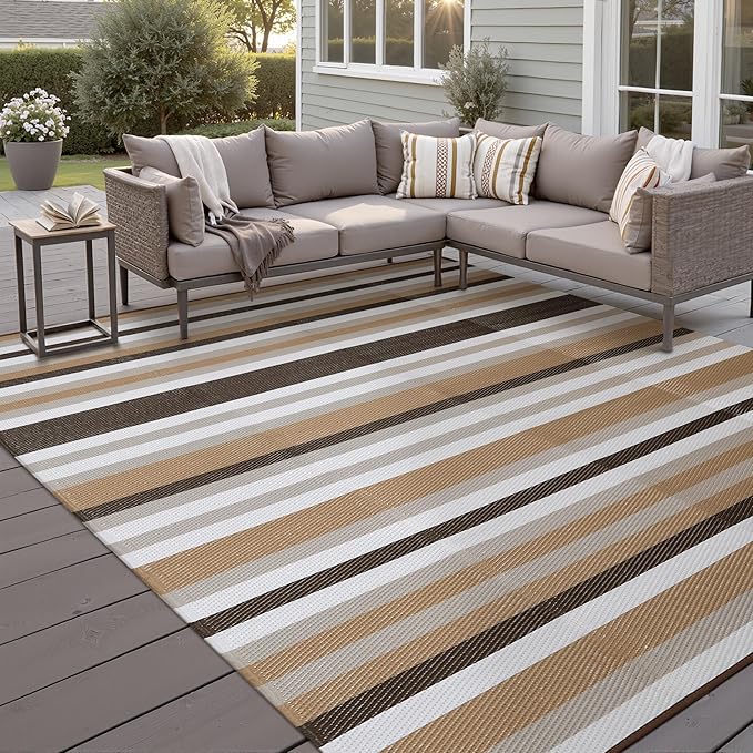 HUGEAR Outdoor Waterproof Rug 5'x8' Plastic Straw Rugs Washable Reversible Floor Mat Brown Stripe Carpet for Camping RV Deck Entryance Porch Picnic Balcony Beach Backyard